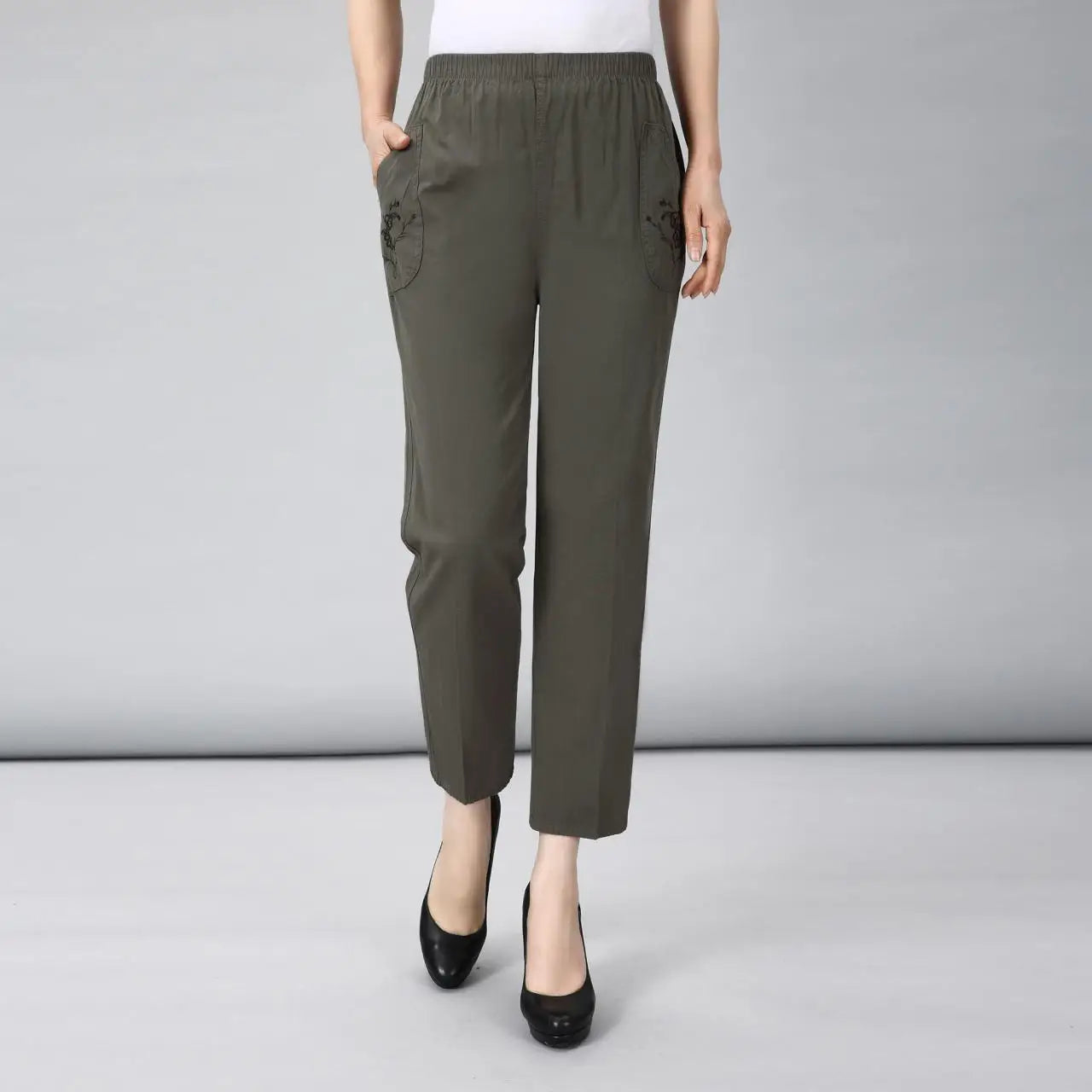 Spring Summer Casual embroidery Cotton Pants Women's Korean Thin Harem Pants Elastic Waist Middle-aged Female Linen Trousers