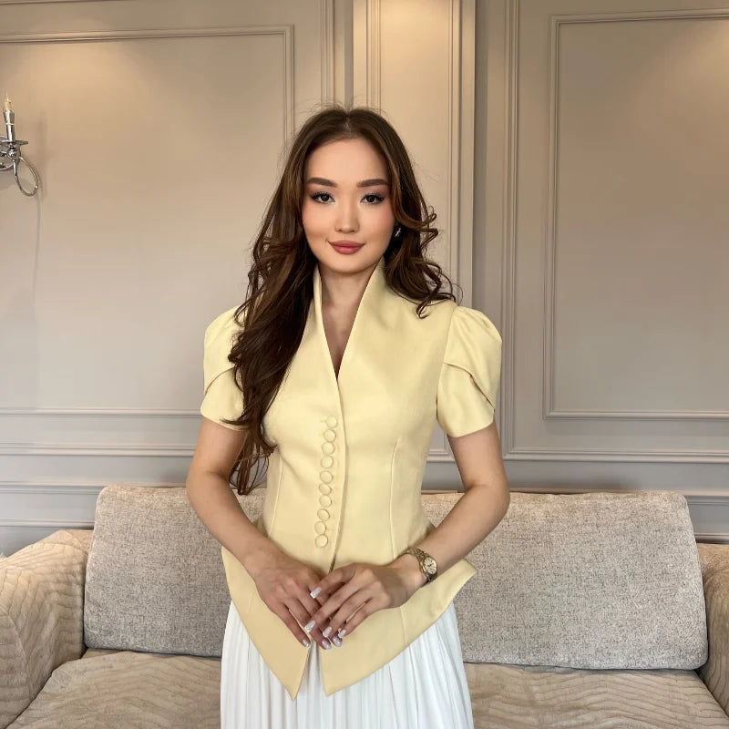 Elegant Women's Irregular Shirts Short Sleeve Waist-Closed Button V-Neck Lady Top 2025 Summer Fashion Female Street Outwear