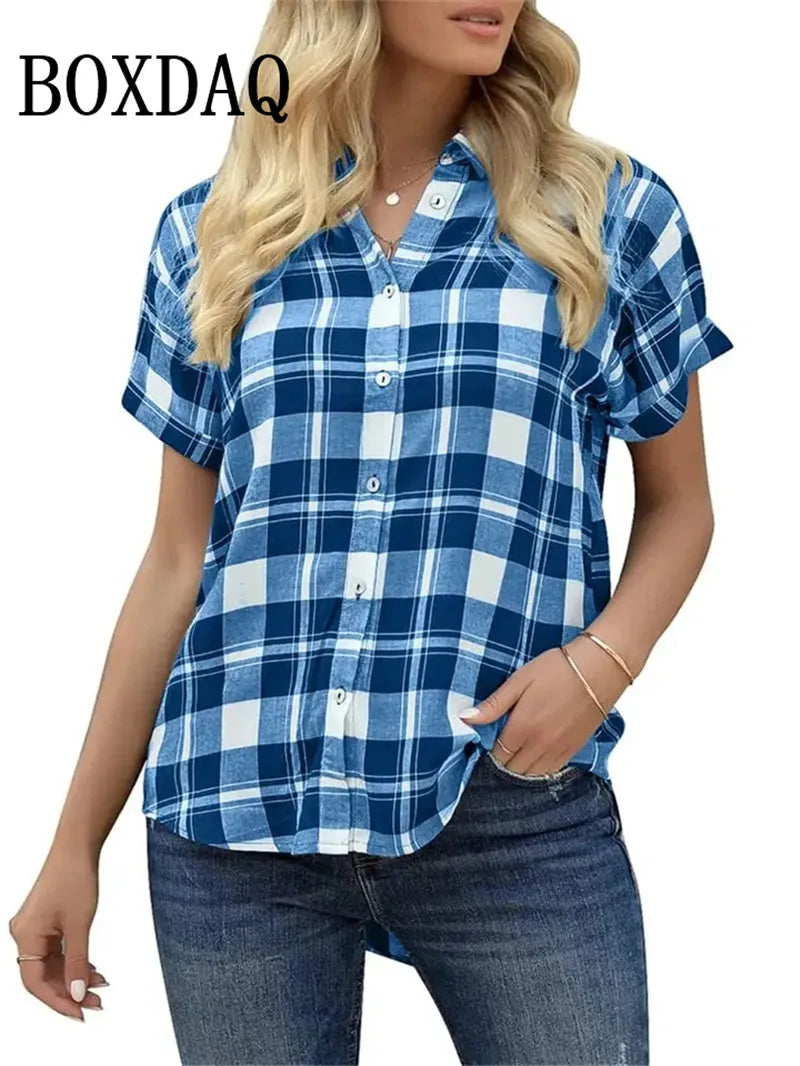 Spring Summer Casual Women's Short Sleeve Blouses Fashion Lapel Button Loose Shirts Classic Plaid Print Women Short Sleeve Tops