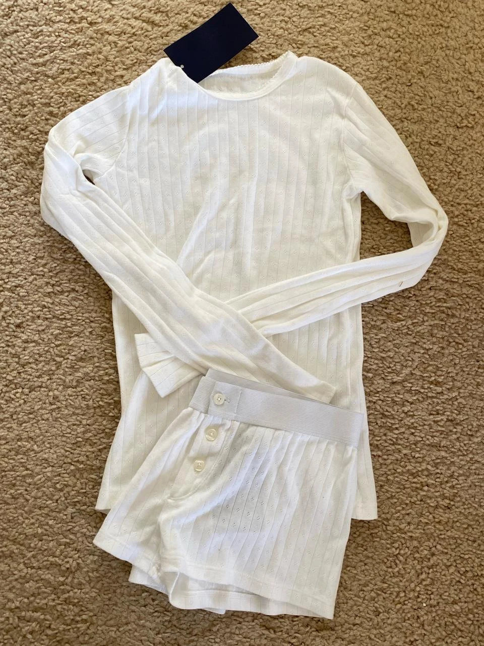 Eyelet Buttons White Long Sleeve T-shirt Shorts Set Woman Slim Tees+Elastic Straight Sweatshort Cotton Home Pajama 2 Piece Sets
