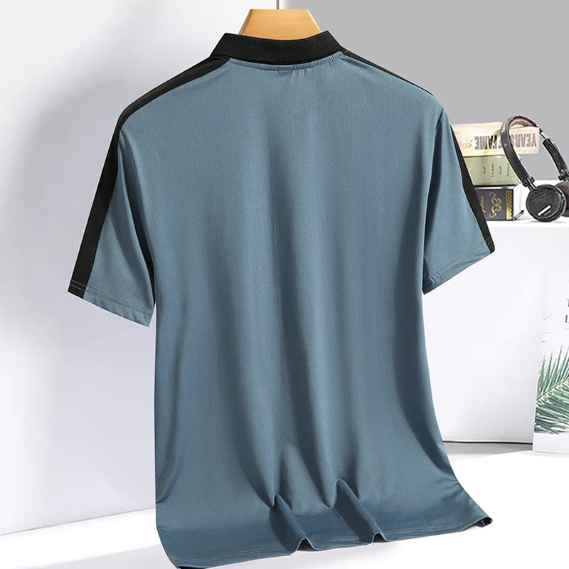 Men's Polo collar top with summer ice silk breathable quick drying short sleeved T-shirt patchwork contrasting color polo shirt