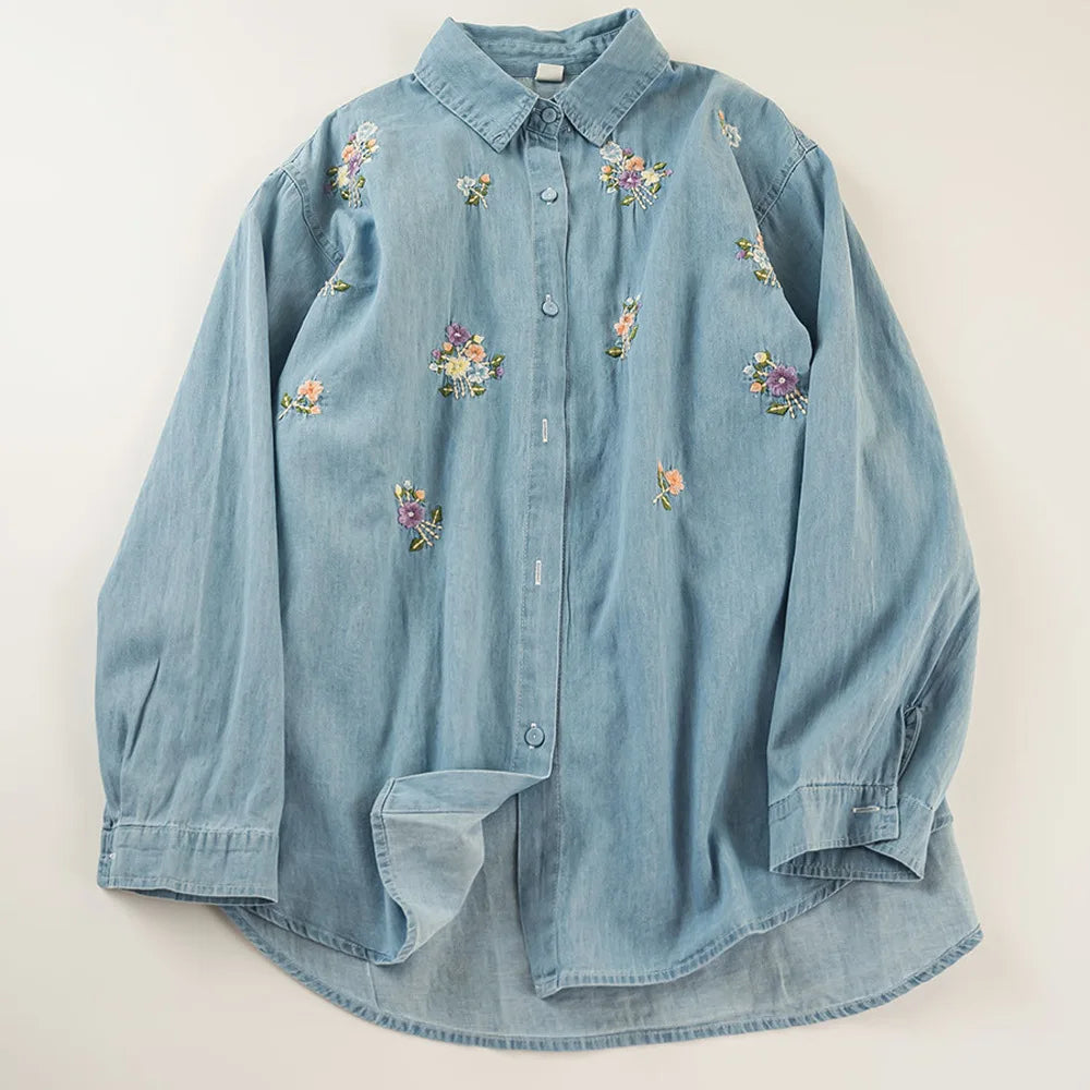 Harajuku fashion cotton denim spring blouses 2025 long sleeve women's embroidered shirts pretty blouses woman jean shirts