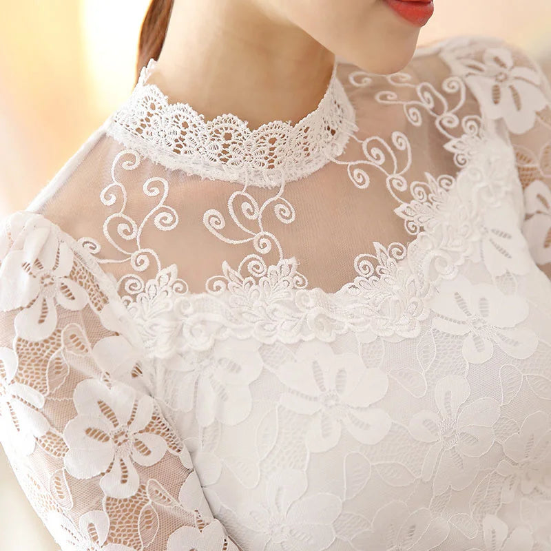 Women's Long-sleeved Lace Base Shirt 2024 Autumn New Trendy Women's Top Slim-fit Inner Wear Stand-up Collar Chiffon Blouse