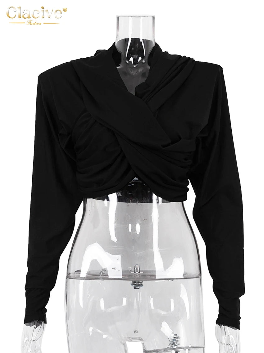 Clacive Fashion Black Knitted Women'S Shirt Elegant Slim Hooded Long Sleeve Shirts Streetwear Classic Crop Tops Female Clothing