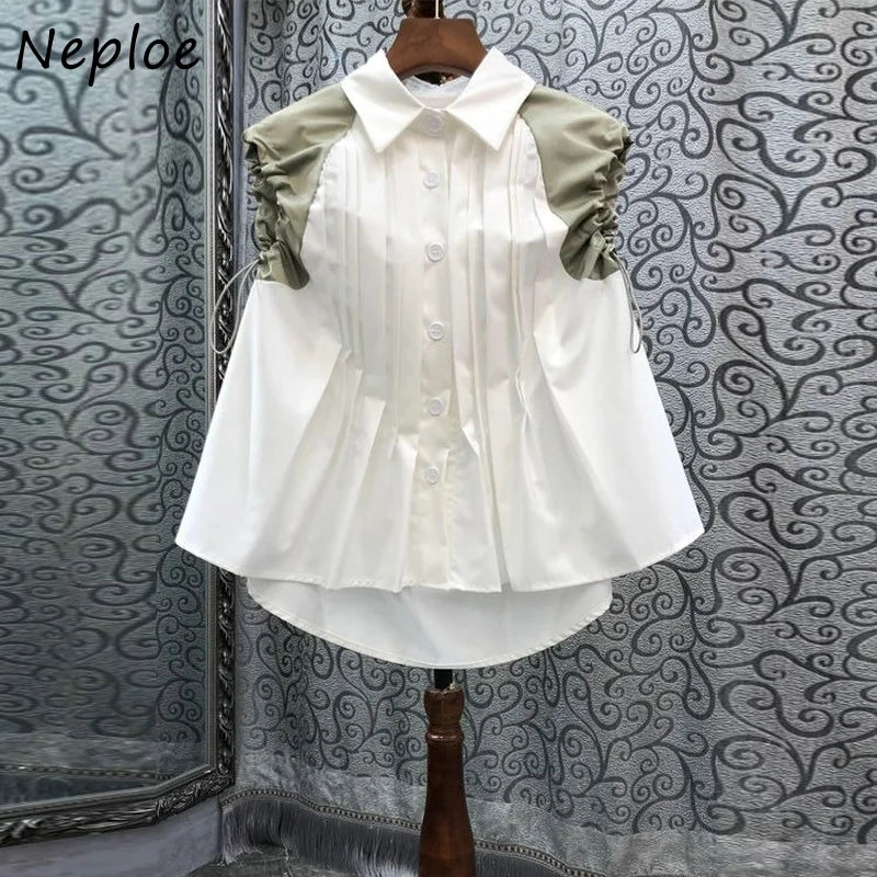 Neploe Turn Down Collar Single-breasted Blouse Pleated Drawstring Patchwork Shirts Korean 2025 Fashion Loose Casual Blusas