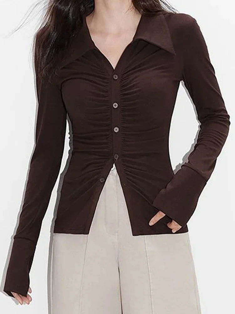 Pleated Slim Blouse Women Vintage Long Sleeved Lapel Tops Female Autumn Retro Fashion Solid Color Button Slim Fit Shirt Ladies
