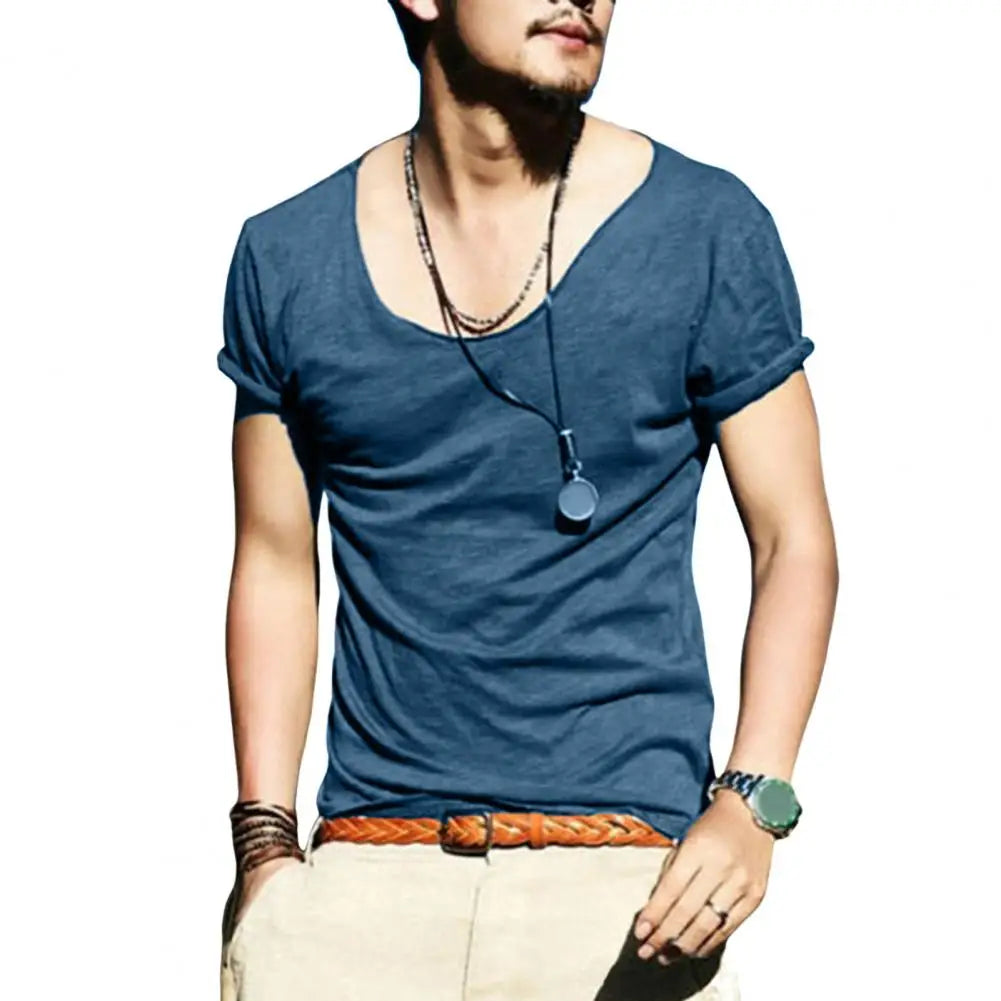 Men Summer T-shirt Large V Neck Thin Casual Male T-shirt Solid Color Slim Fit Breathable Short Sleeves Stretchy Men Top