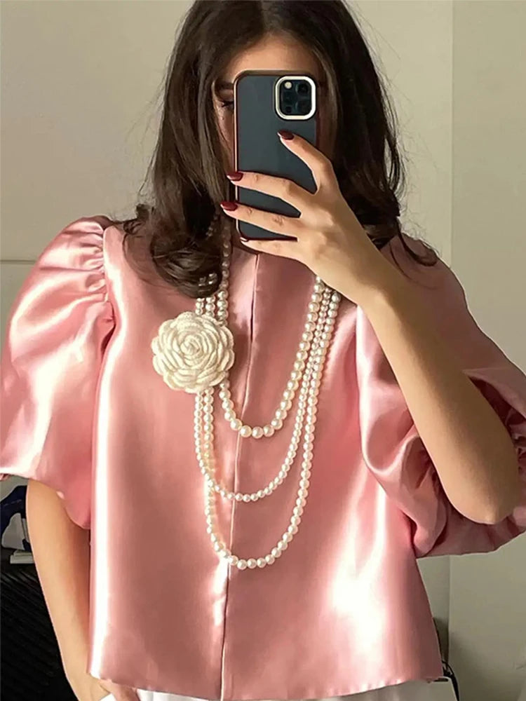 O Neck Lantern Short Sleeve Women Top Loose Solid Female Blouse 2025 Fashion Elegant Office Spring Summer Casual Lady Shirts