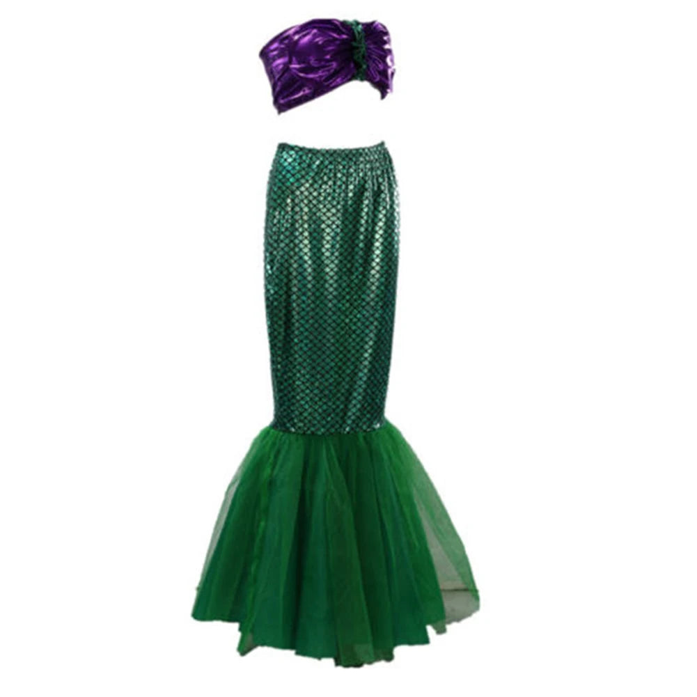 Women's Stage Performance Clothing Set, Strapless Mermaid Bra Tube Tops + Fish Scale Print Fishtail Skirt, S/M/L/XL/2XL