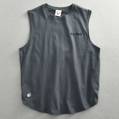 Summer New American Retro Sleeveless O-neck Letter Embroidery T-shirt Men's Fashion 100% Cotton Washed Casual Sports Vest Tops