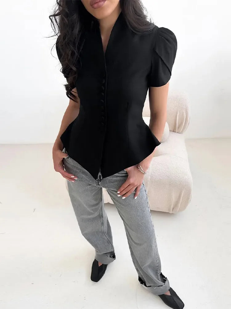 Elegant Women's Irregular Shirts Short Sleeve Waist-Closed Button V-Neck Lady Top 2025 Summer Fashion Female Street Outwear