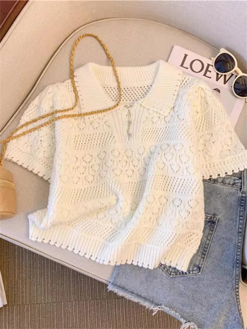 Sweet Sle Short Sleeve Knitted Shirt 2025 New Summer Hollow Out Crochet Design Thin Pullover Top Women's Blouse