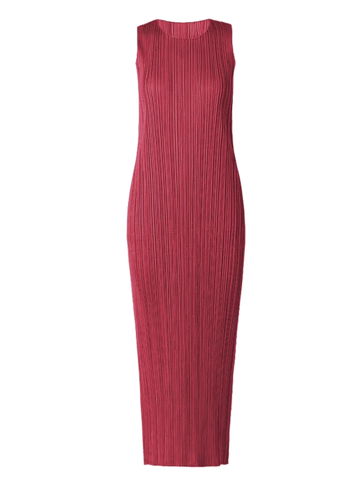 Miyake Pleated Women Dress Summer Sleeveless Long Classic Korean Fashion Casual Elegant Female Lce Water Blue Beach Dress TP5045