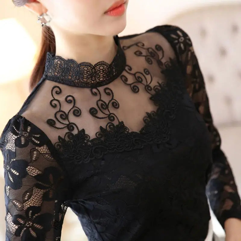 Women's Long-sleeved Lace Base Shirt 2024 Autumn New Trendy Women's Top Slim-fit Inner Wear Stand-up Collar Chiffon Blouse