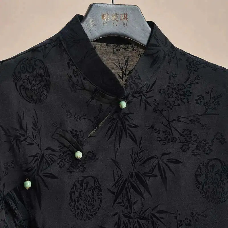 Women  Vintage Thin Shirt New Chinese Style Cheongsam Top Black Jacquard Sleeveless T-shirt Summer Mature Fashion Bow Shirt