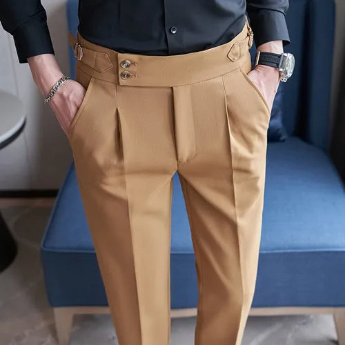 Pure Color Male Business Wedding Dress Pants Fashion Unique Design Men Waist Adjustable Suit Pant No Belt Slim Trousers Homme