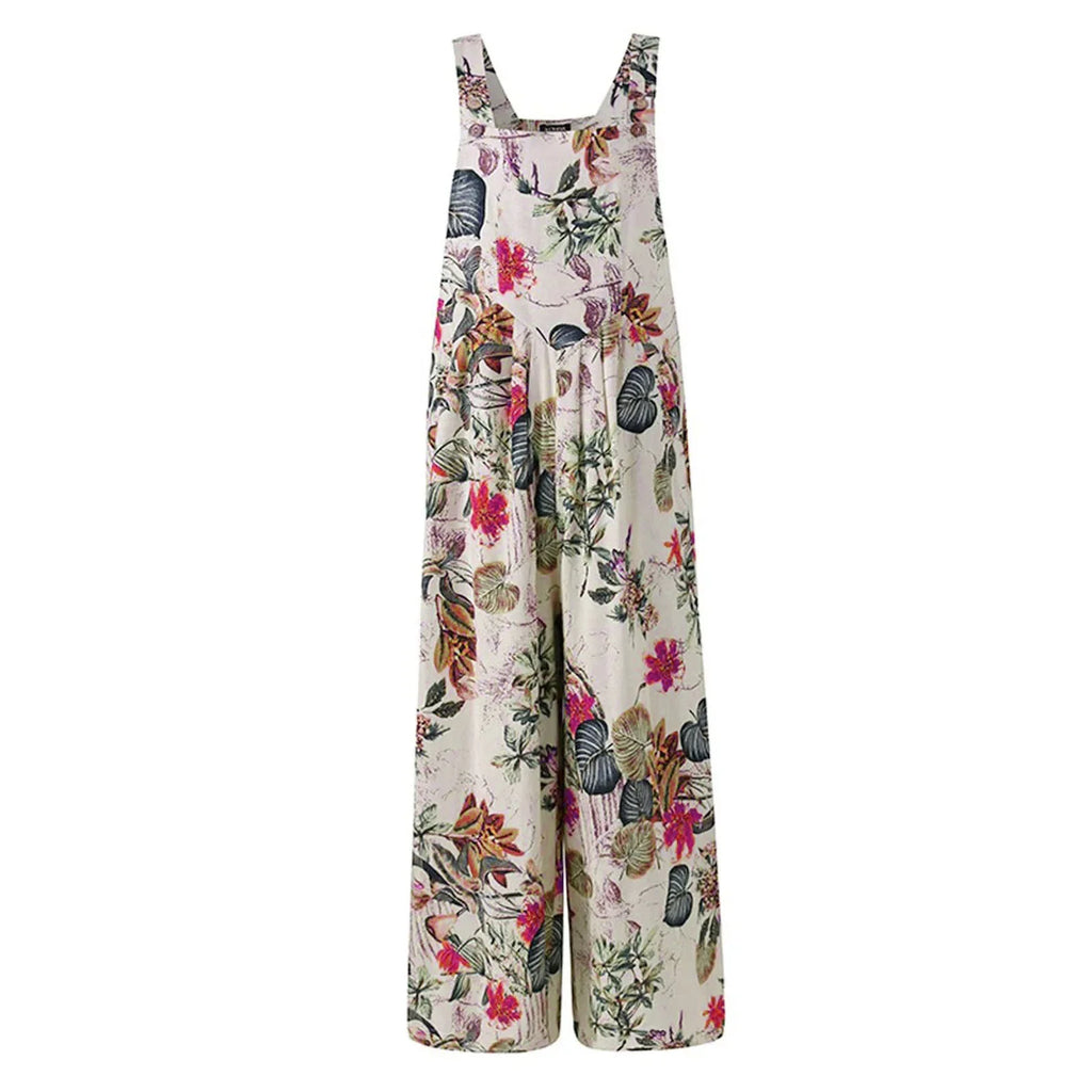 Combhasaki Women's S-3XL Cotton and Linen Jumpsuit Leaf Floral Print Square Neck Sleeveless Casual Loose Overalls with Pockets