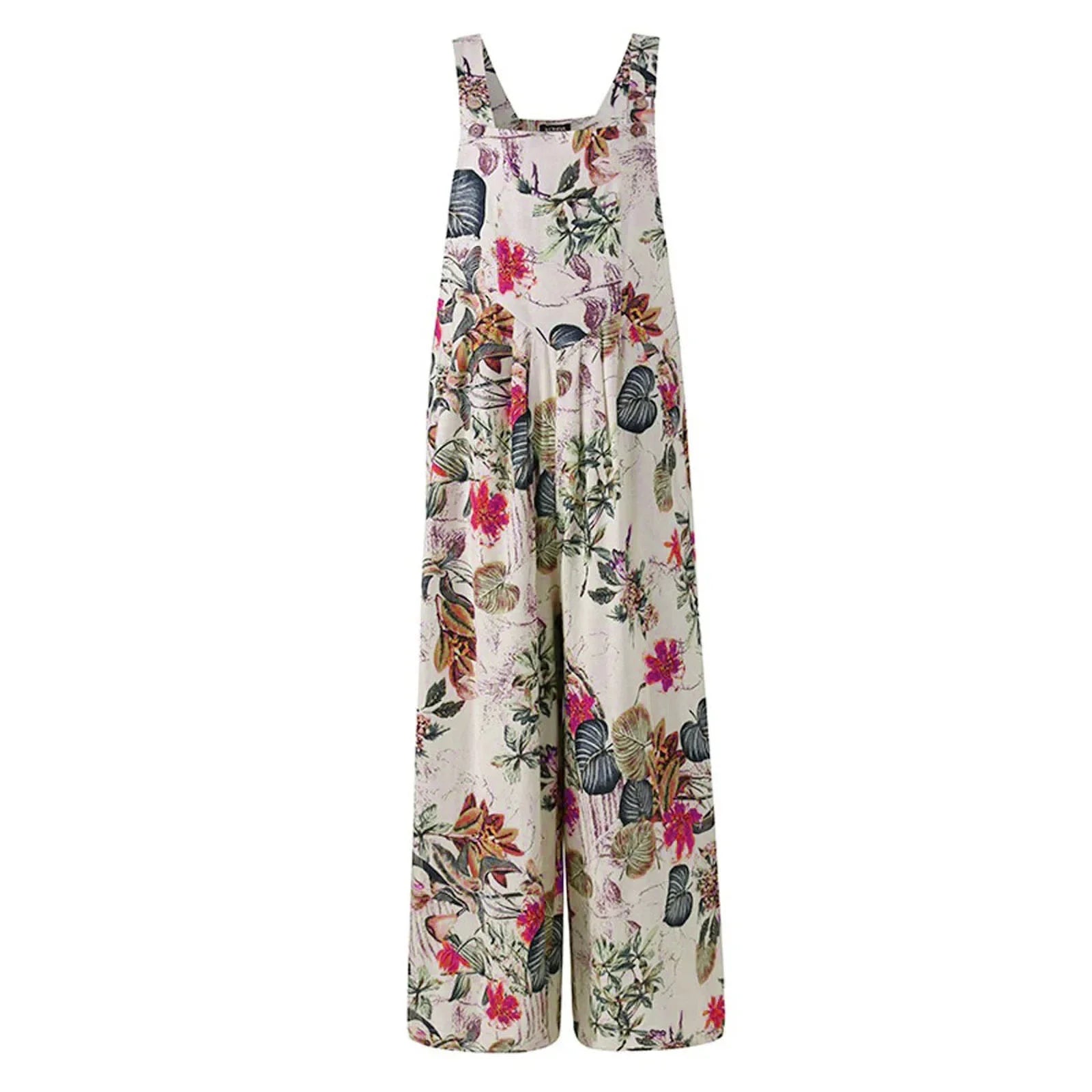 Combhasaki Women's S-3XL Cotton and Linen Jumpsuit Leaf Floral Print Square Neck Sleeveless Casual Loose Overalls with Pockets