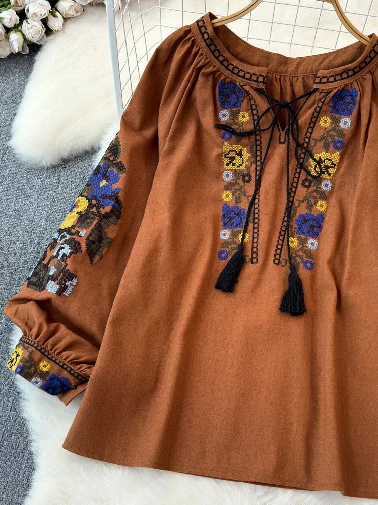 2025 Spring Retro Embroidered Shirt Top Female Lace Up Tassel Loose Lantern Sleeves Ethnic Style Blouse Female A70