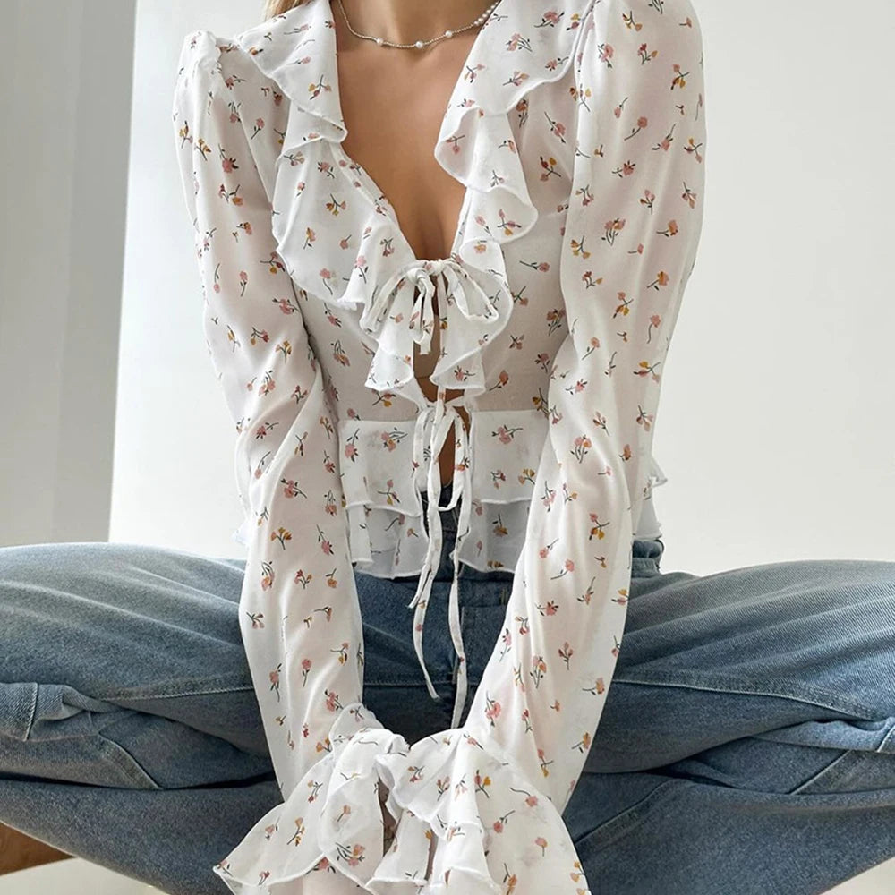 Tuularose Chiffon Printed Blouses Women Fashion V-Neck Ruffle Lace-up Cardigan Top Elegant Vintage Casual Patchwork Women Shirt