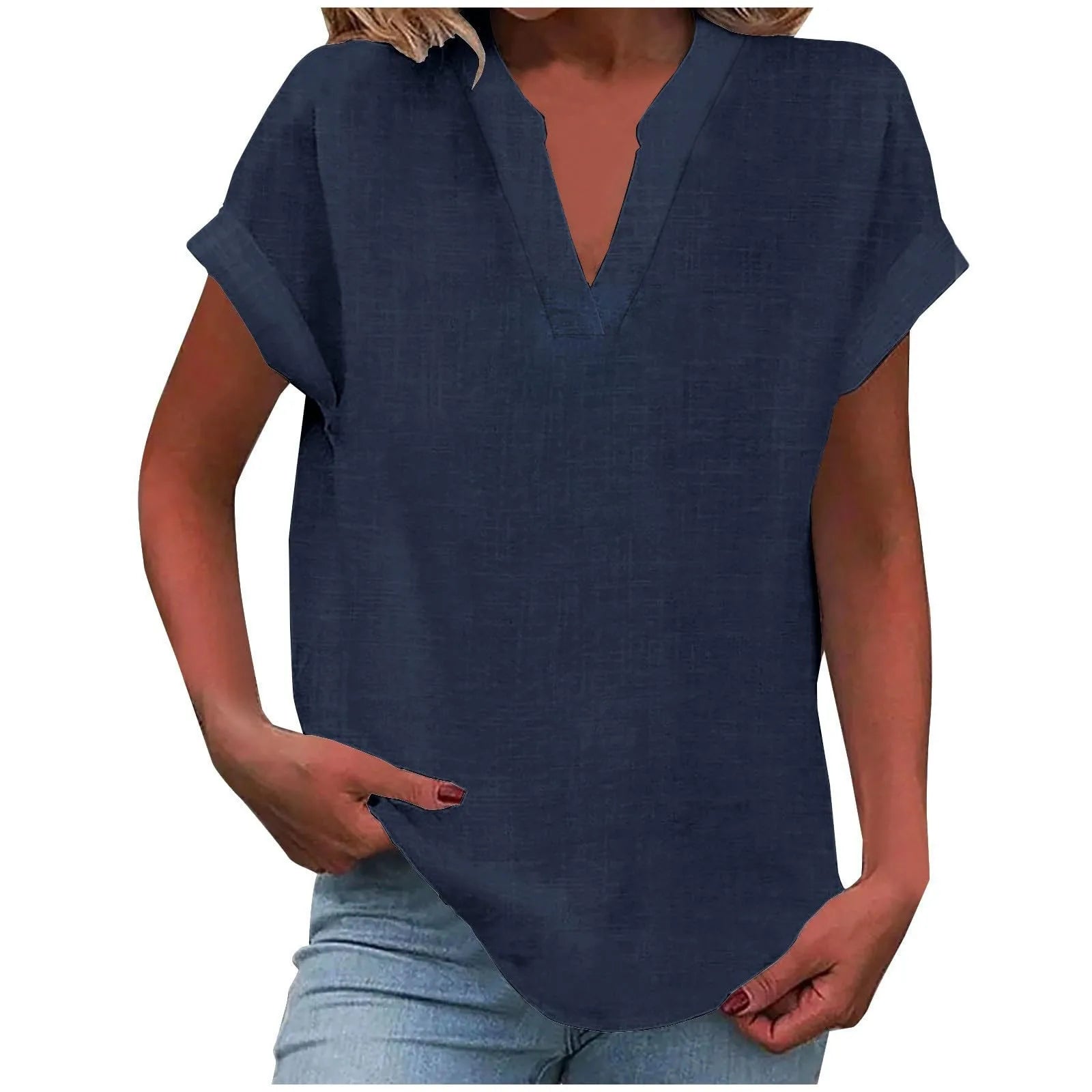 Summer Cotton Linen Breathable Solid Color Button Down V-neck Shirt Basic And Versatile Casual Comfortable Lady Office Tops 2025