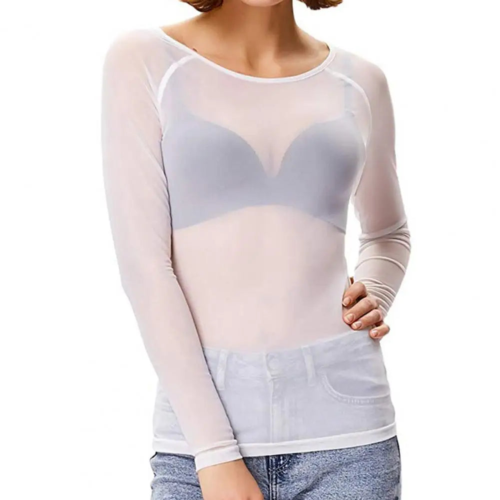 Women Mesh Bottoming Shirt See through O Neck Long Sleeve Lady Blouse Slim Fit Sexy Clear Sun Gauze Tops