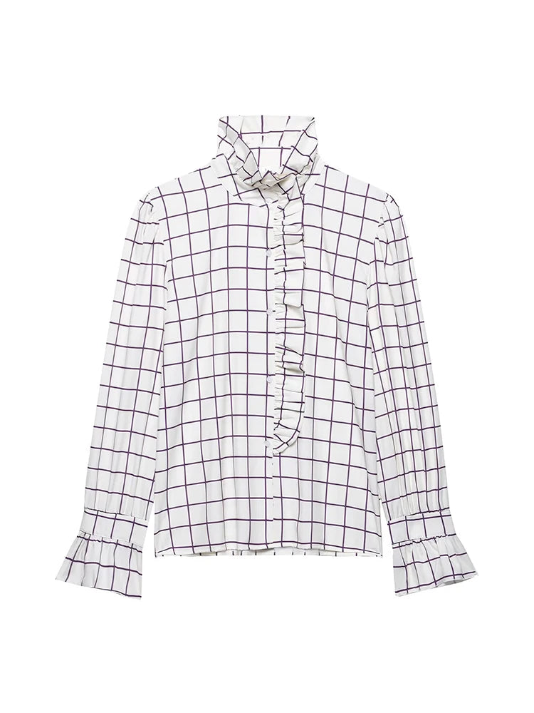 Ruffles Women Sweet Shirts 2025 Fashion Ladies Casual Purple Striped Blouses for Party Female Chic Tops Girls Cute Clothes