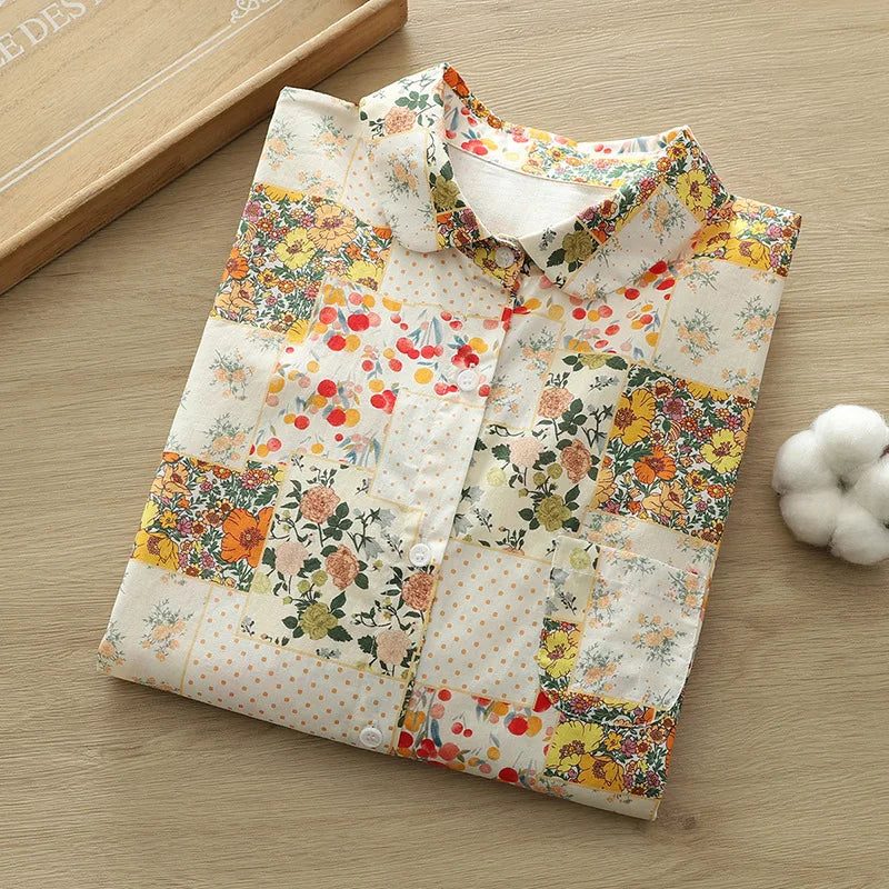 100% Cotton Shirts Women Autumn Spring Japan Style Flower Print Tops Morigirl Long Sleeve Blouses Mori Kei Clothing