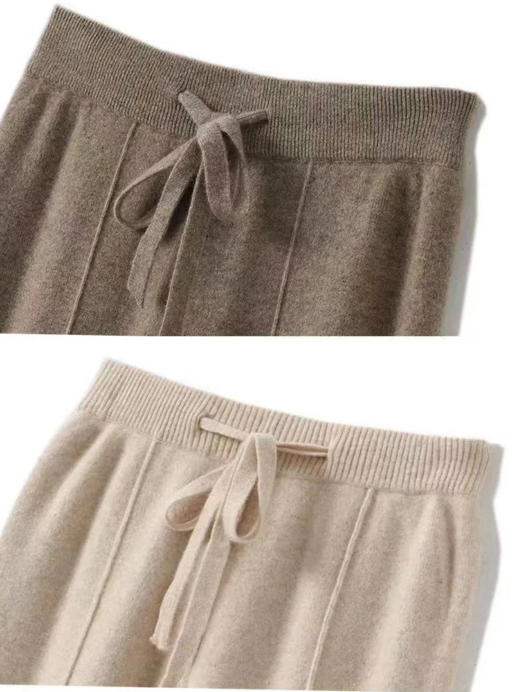 100% Pure Wool Pants Cashmere Wide Leg Trousers Women's Long Britches Knit Loose Daks Casual Pants Autumn Winter High Waist Daks
