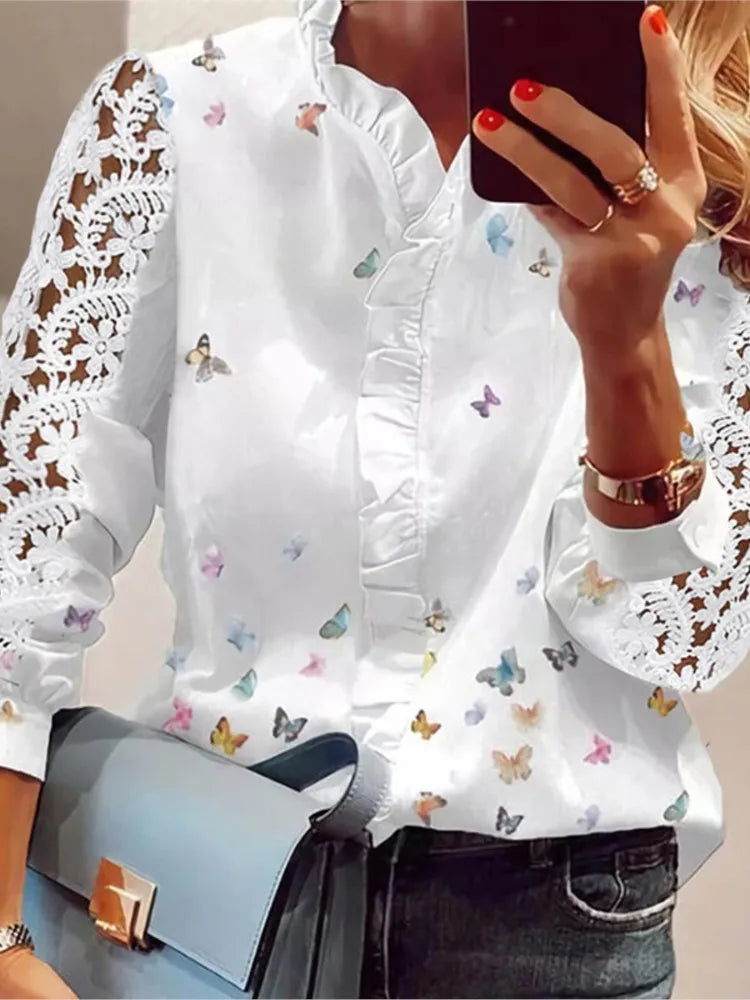 Women's Shirts Fashion Elegant Long Sleeve Butterfly Print Office Lady Top White Women Ruffled Hollow Out Blouse Female Clothing