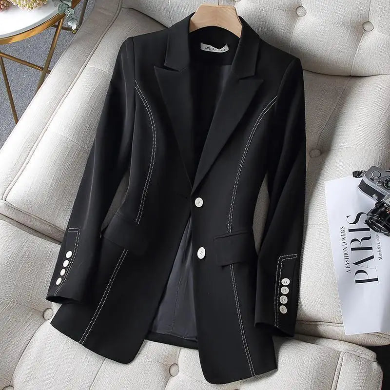 Black Blazers Women's Professional Suit Western-style OL Suits Top Exposed Line Decoration Temperament Slim Fit Line Jacket