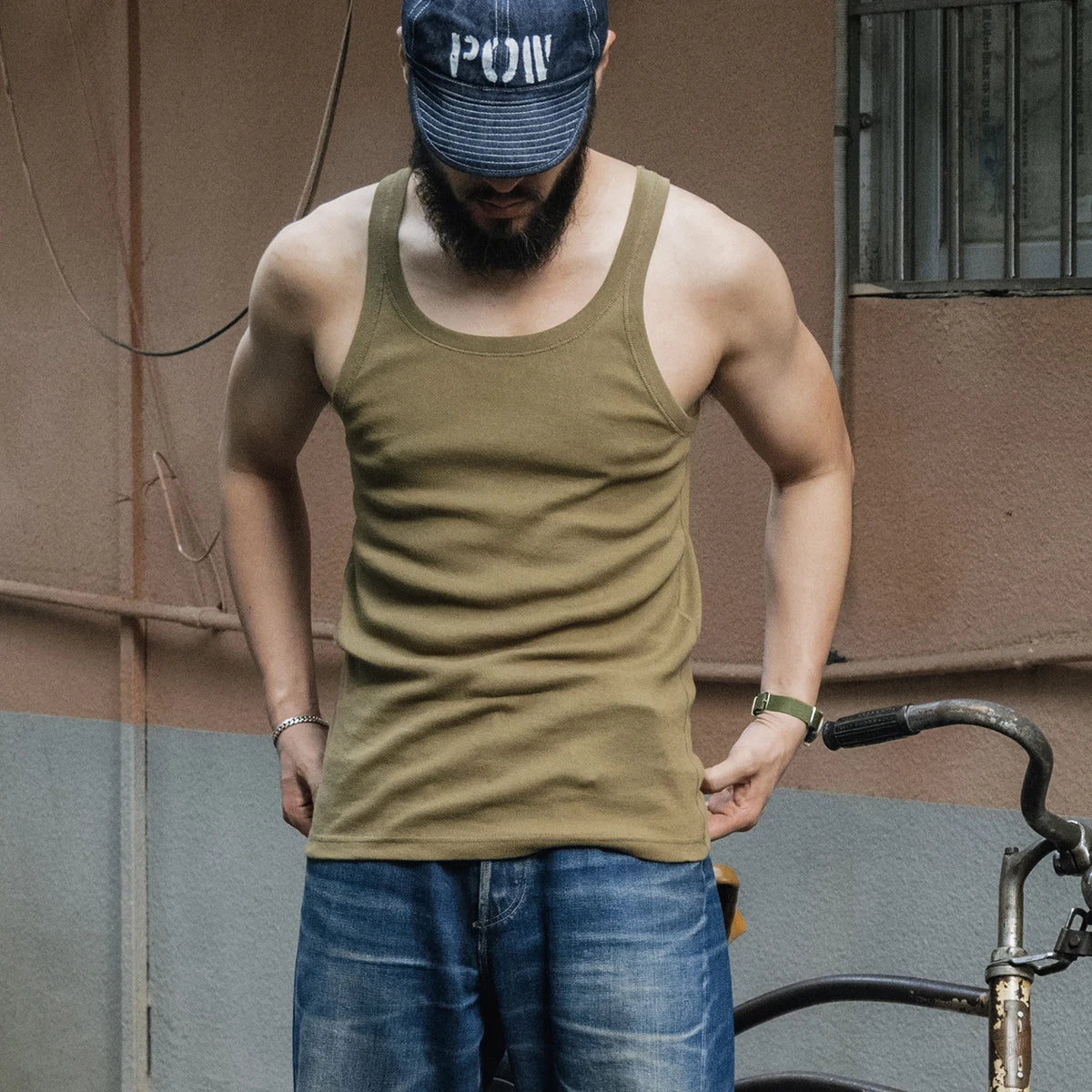 Bronson Old Fashion Thin Strap Tank Top Ribbed Cotton Sleeveless Undershirt Men