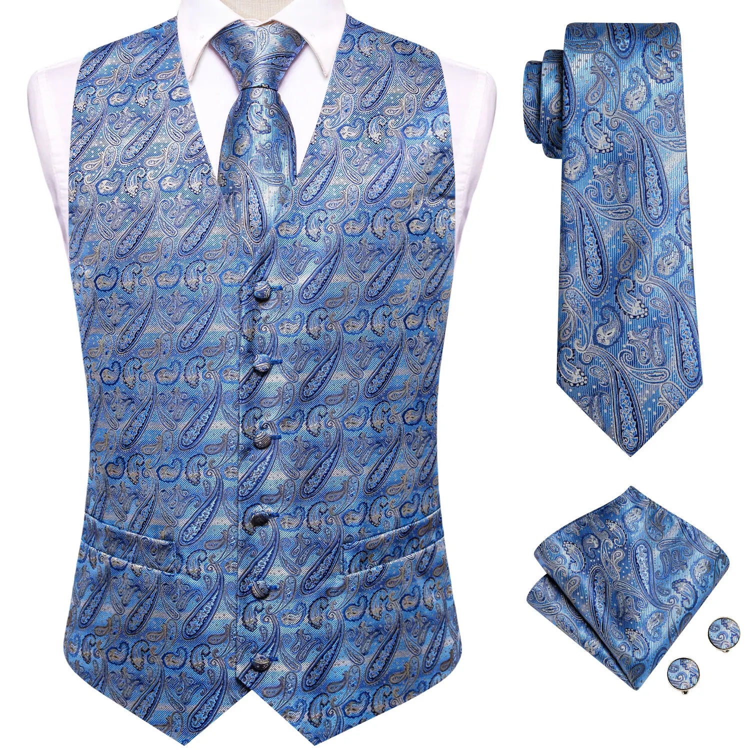 Hi-Tie Navy Blue Mens Vest Formal Silk Paisley Waistcoat Jacket Tie Handkerchief Cufflinks Set For Male Dress Suit Wedding Party
