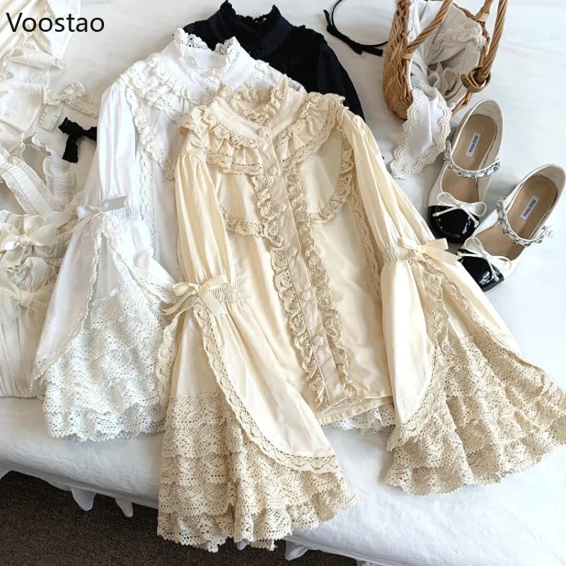 Victorian Elegant Lolita Shirts Women Harajuku Gothic Y2k Lace Ruffle Flare Sleeve Cotton Blouse Female Vintage Blusas Mujer Top