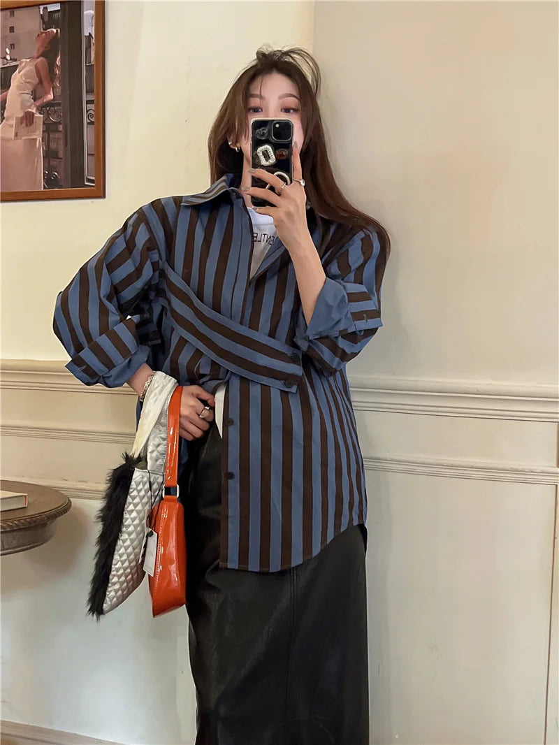 Korean striped shirt with asymmetrical personality, casual and fashionable lapel, loose fitting shirt  blouse  shirts