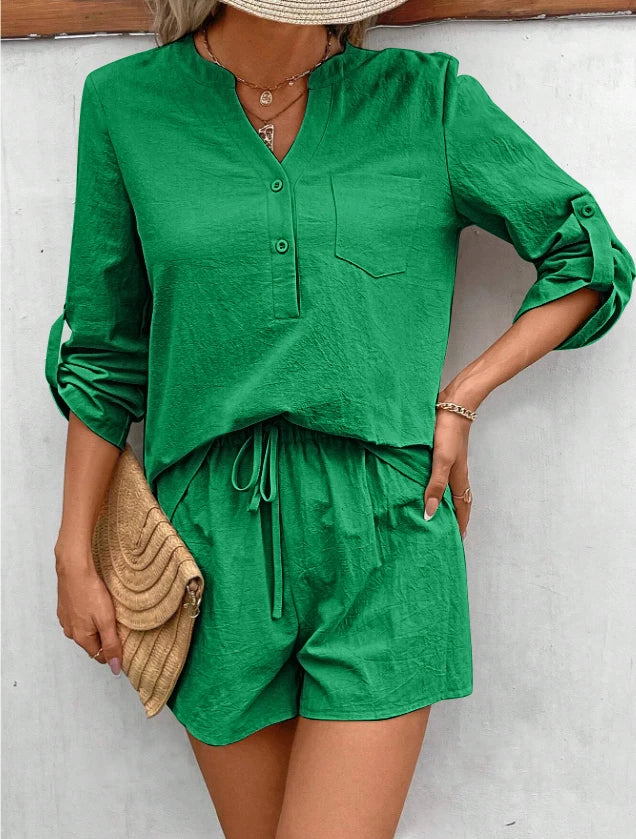 Summer women's two-piece set new cotton linen solid color V-neck pocket top drawstring shorts set 2024 fashionable casual women