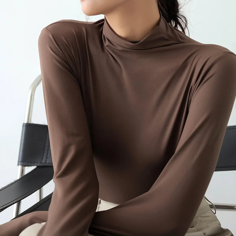 Autumn Women Long Sleeve T-shirt Pullovers Tops Casual Solid Mock Neck Thin Women Long Sleeve Pullovers Female Slim Inner Tops