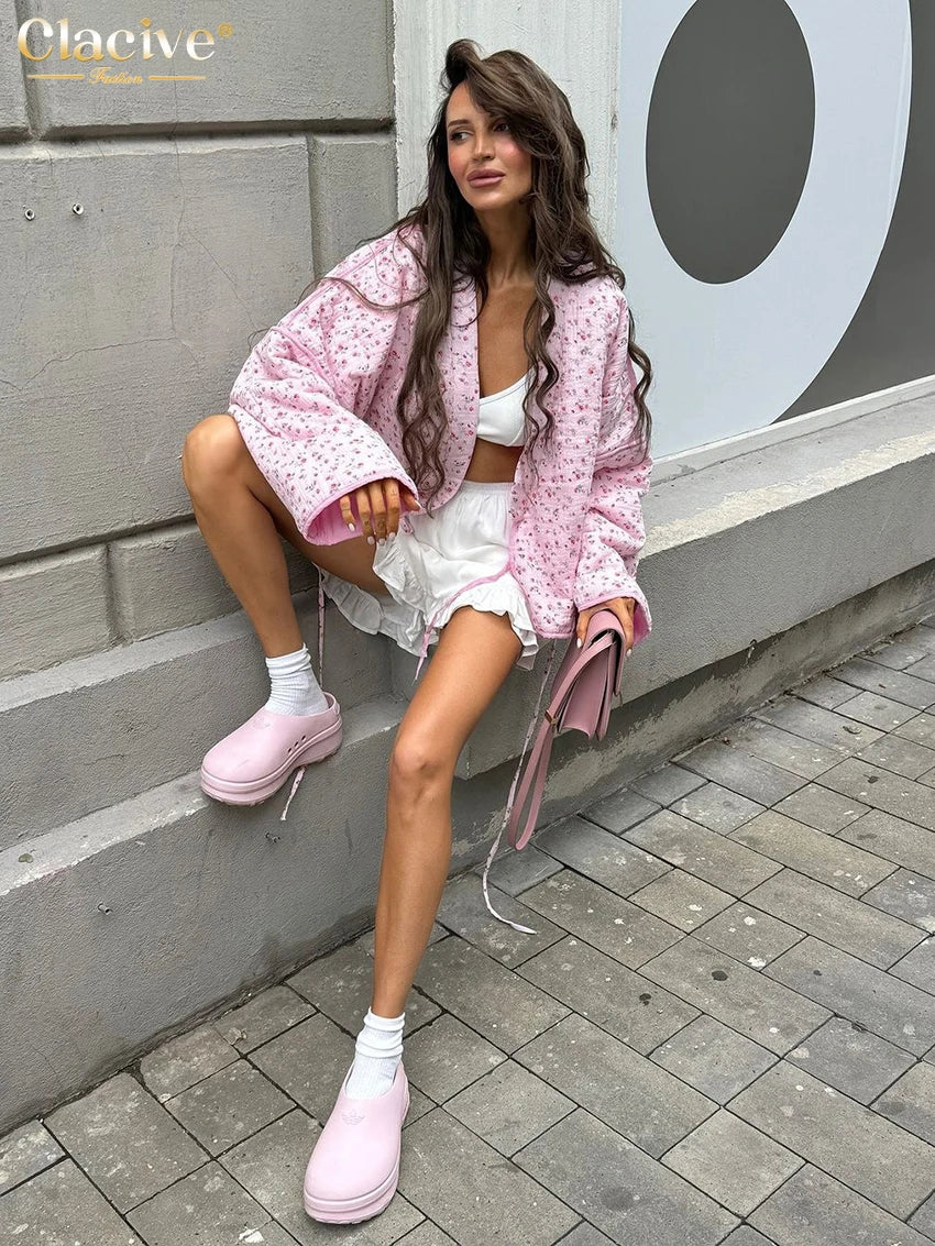 Clacive Fashion Loose Print Cotton Women's Shirt Casual V-Neck Long Sleeve Shirts & Blouses Elegant Classic Lace-Up Top Female