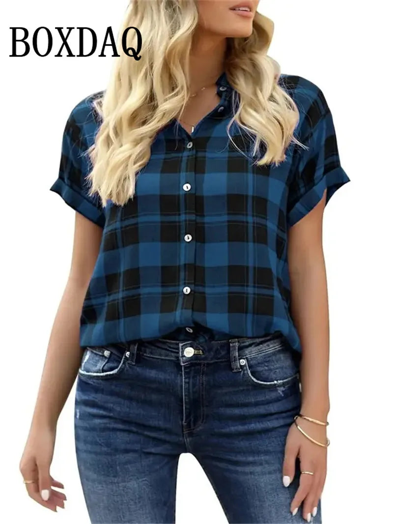 Spring Summer Casual Women's Short Sleeve Blouses Fashion Lapel Button Loose Shirts Classic Plaid Print Women Short Sleeve Tops