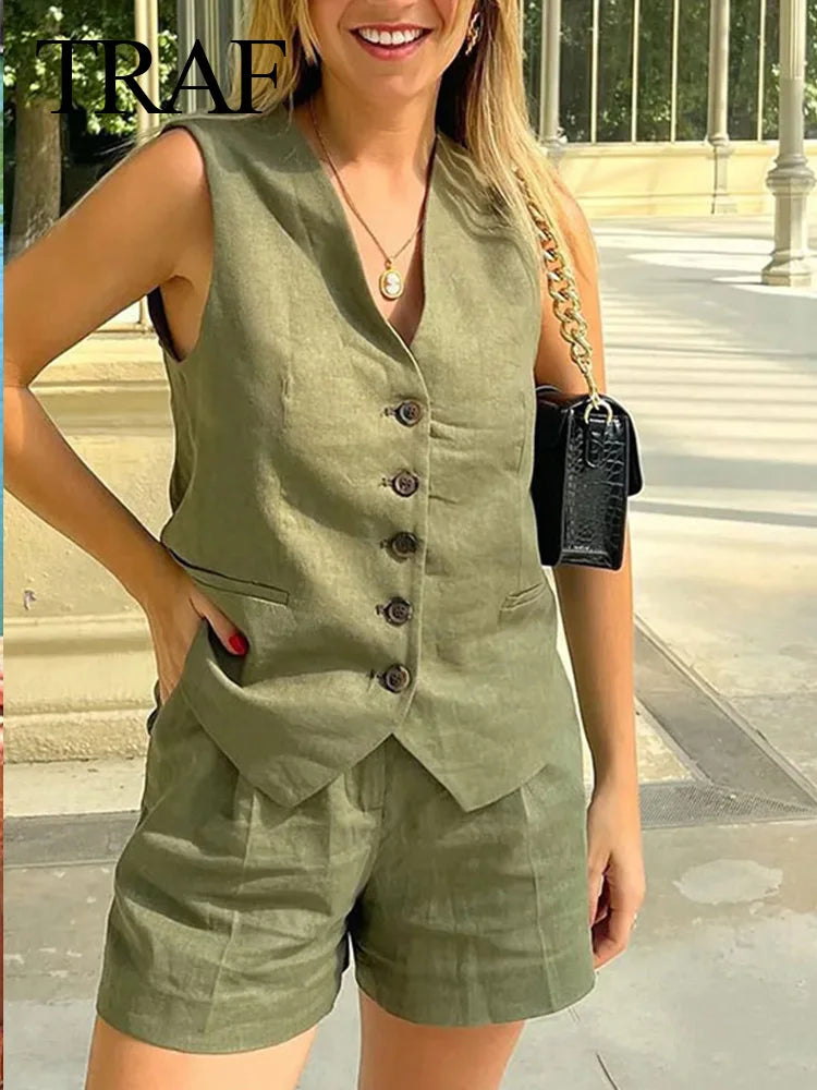 TRAFZA Women Vinatge Fashion Shorts Set Solid White Sleeveless Vest+Pockets Pants Female Two Pieces Set Street Roupa De Mujer