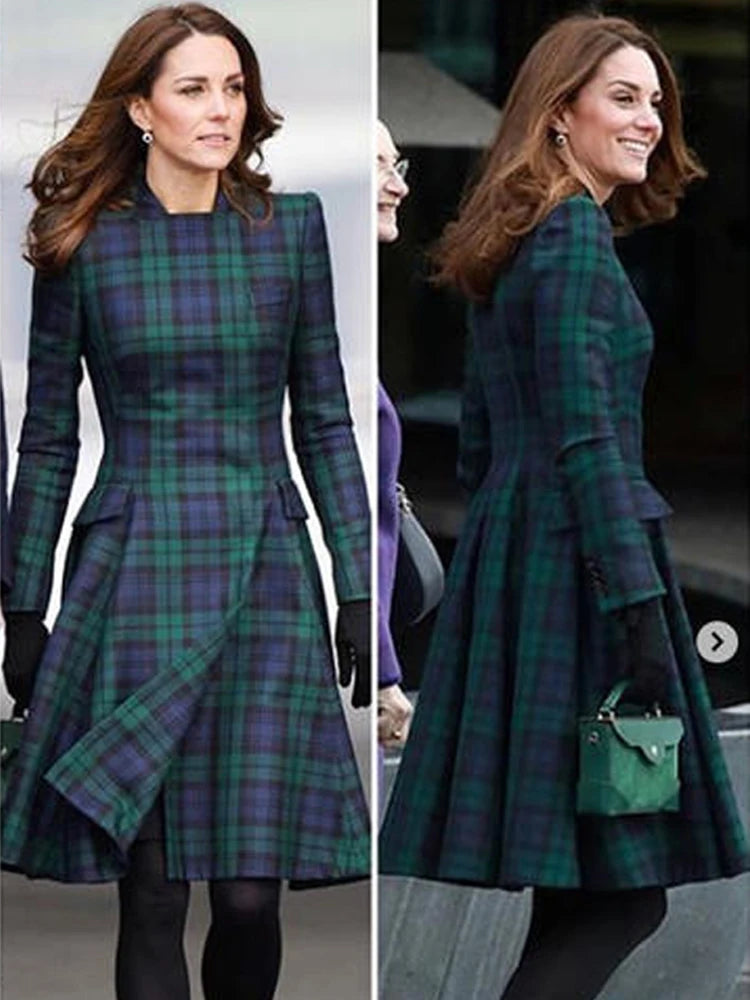 Women's Plaid Midi Dress, Princess Designer, High Quality Spring, Autumn, Party, Casual, Office, Vintage Workplace, Elegant, New