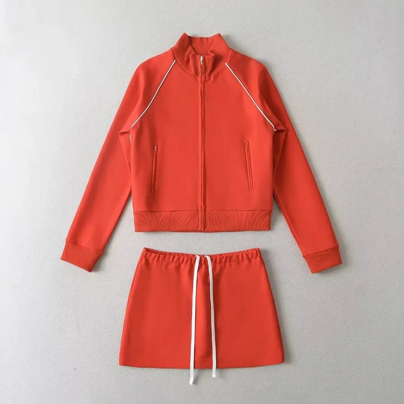 Zip Up Sweat and Mini Skirt Set for Women, Contrast Piping Detail, Co-ord