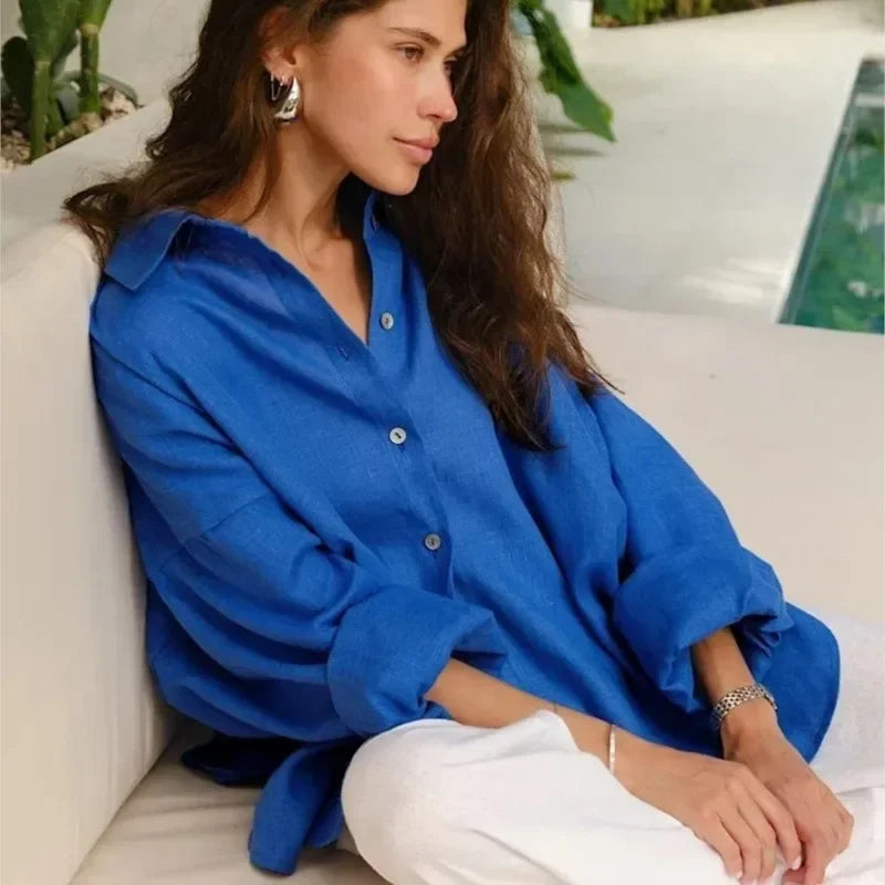 Women's Linen White Shirt Long Sleeve Elegant Pink Loose Fashion Blouse Summer Vintage Basic Top Collar Shirt for Women