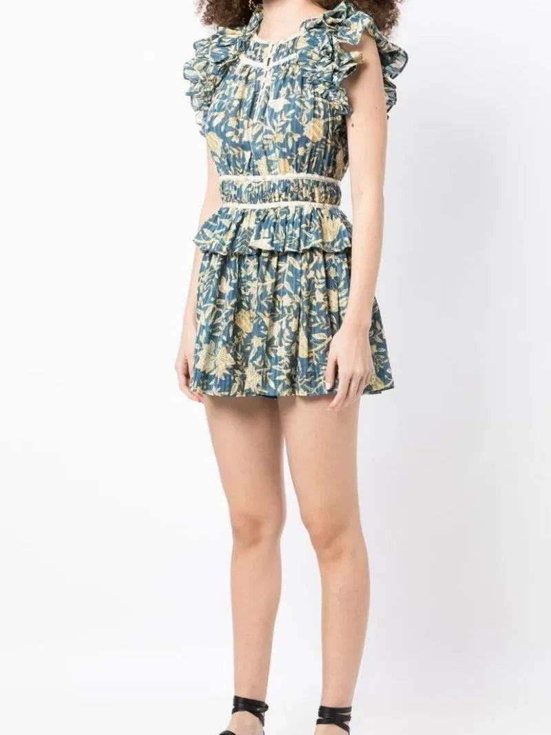 2024 New Spring Summer High Quality Fashion Flower Print Ruffled Woman Beach Style Casural Playsuit