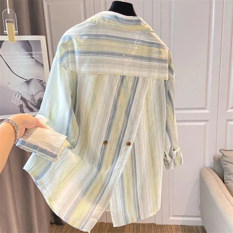 Spring and Autumn Cotton and Linen Contrasting Striped Long-sleeved Shirt Chic Versatile Top for Women
