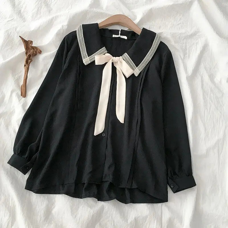 Large Size Niche Design Sense Single-breasted Women Shirt Autumn New Korean Lace-up Bow Blouse Female Solid Color Women Shirt