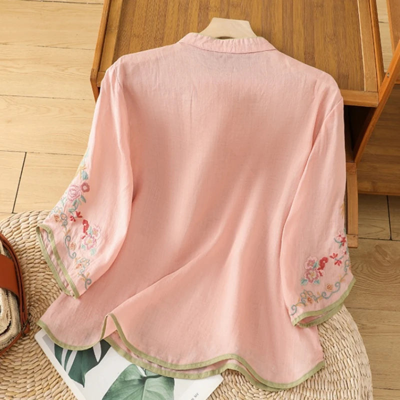 Chinese Style Women's Shirt Summer Embroidery Vintage Blouses Loose Short Sleeve Women Tops Cotton Linen Clothing 2024 Korean