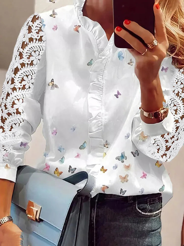 Women's Shirts Fashion Elegant Long Sleeve Butterfly Print Office Lady Top White Women Ruffled Hollow Out Blouse Female Clothing