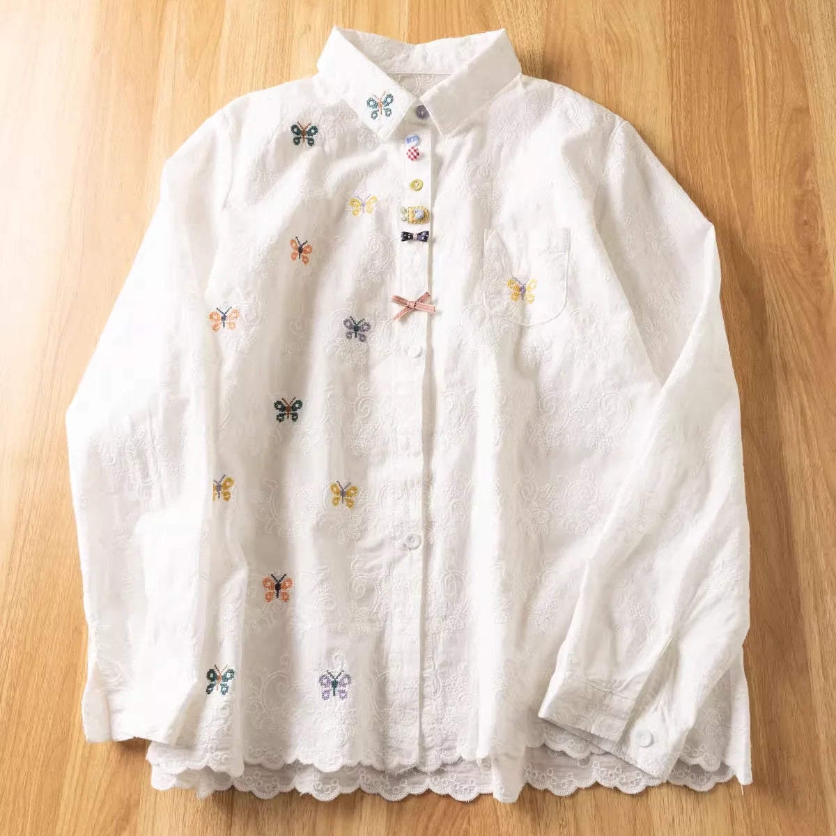 2025 Elegant women's shirt bohemian butterfly embroidery white beige shirts long sleeve blouses for women cotton tops