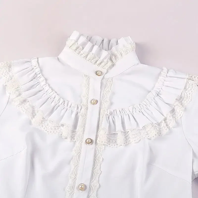 Vintage Ruffles White Shirts Women Japanese Preppy Lolita Bow Bandage Blouses Gothic Lace Patchwork Black Long Sleeve Slim Tops